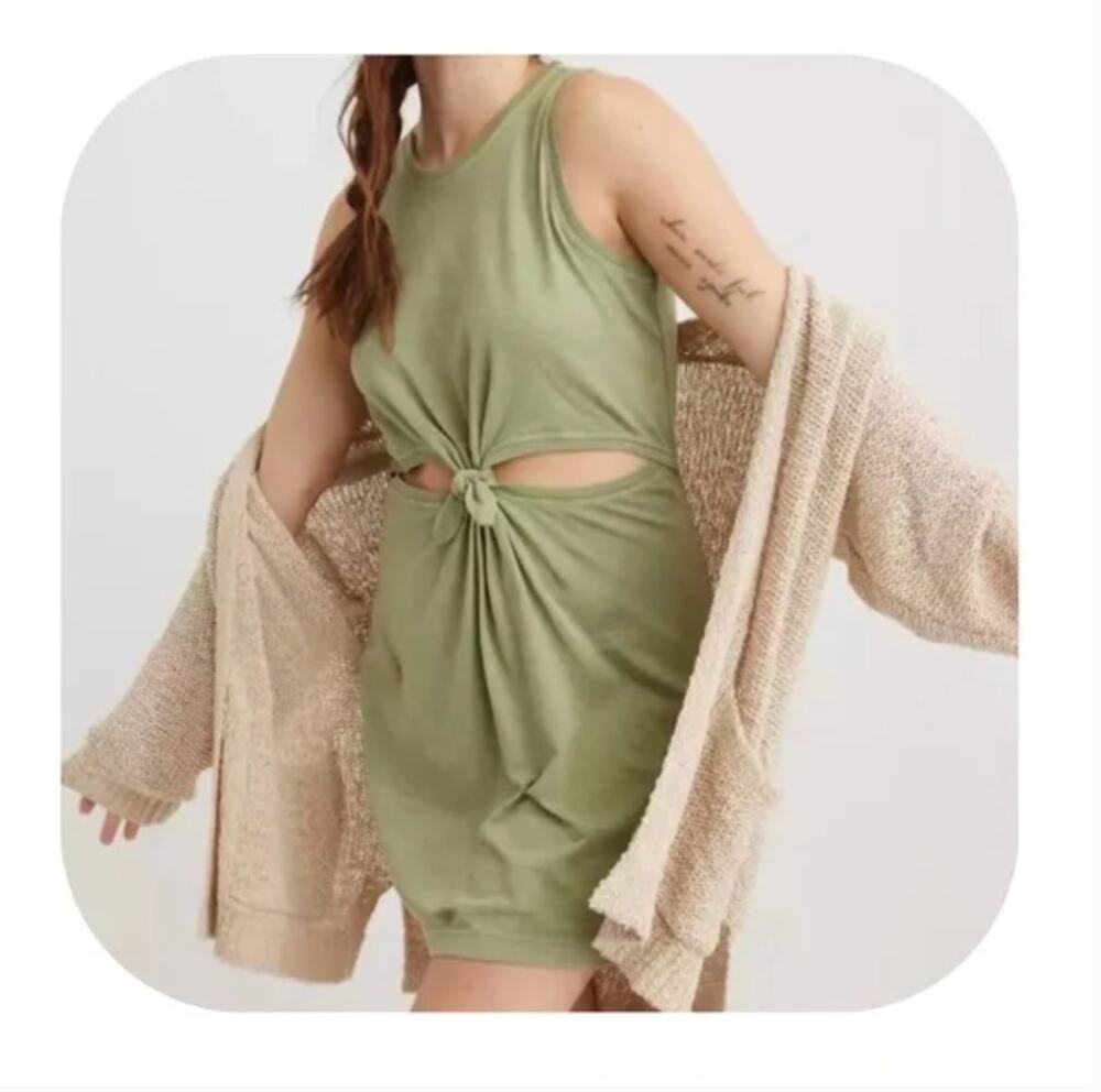 Aerie Tie Cut Out Dress S NWT Sage Green Travel Boho Western Comfy Capsule